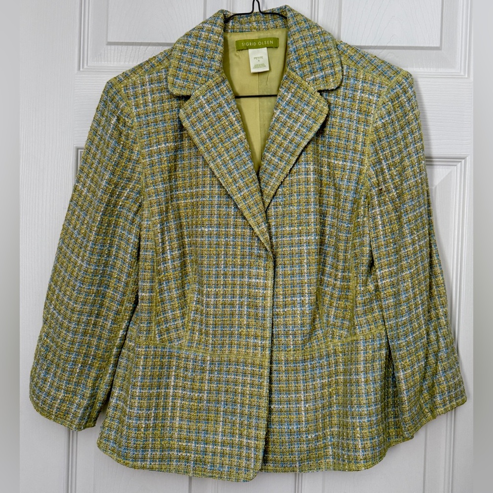 Sigrid Olsen Blue and Green Plaid Blazer, Petite Size 4; length 21”